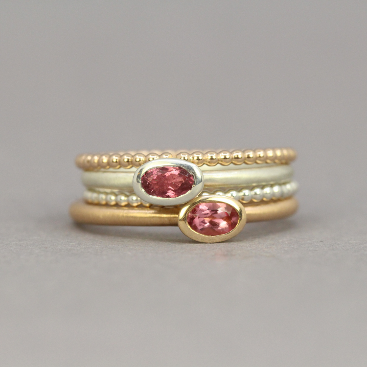 Ring Set "Mini" - 2 Ringe - 925 Silber Perlring und Stapelring Turmalin rosa