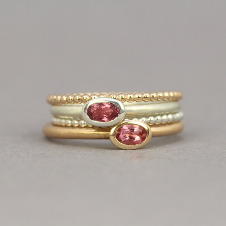 Ring Set "Mini" - 2 Ringe - 925 Silber Perlring und Stapelring Turmalin rosa